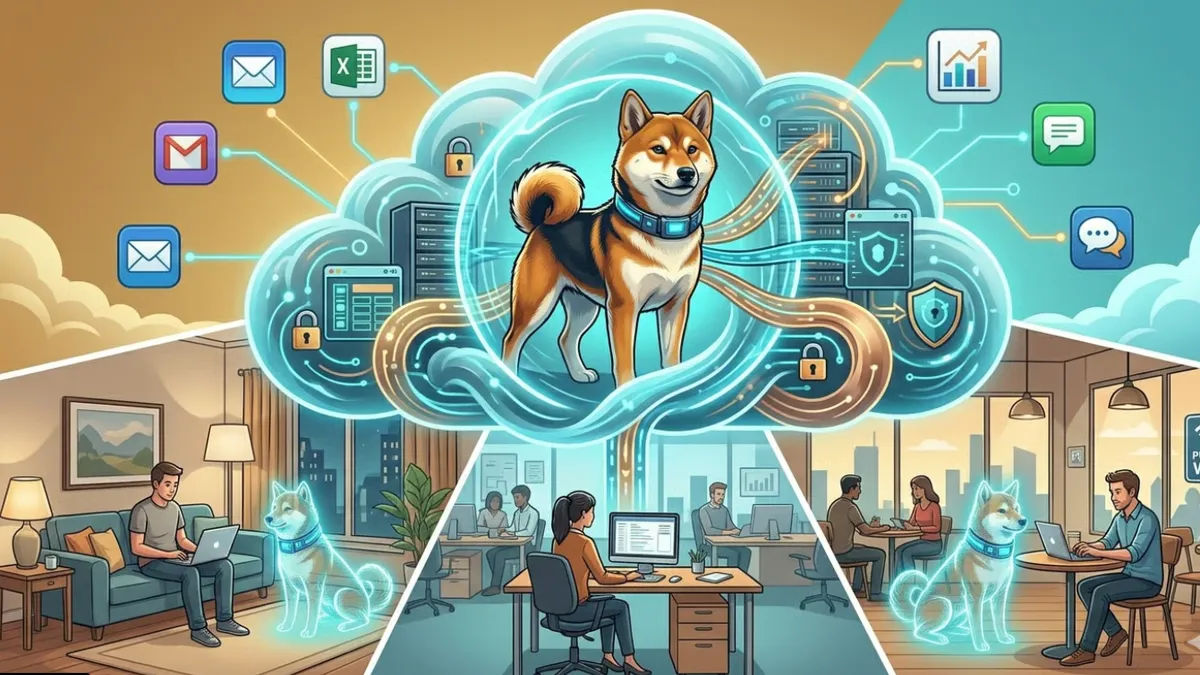 Un Shiba Inu como guardián dentro de una nube de seguridad, conectando de forma protegida el trabajo desde casa y desde la oficina
