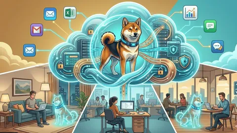 Un Shiba Inu como guardián dentro de una nube de seguridad, conectando de forma protegida el trabajo desde casa y desde la oficina