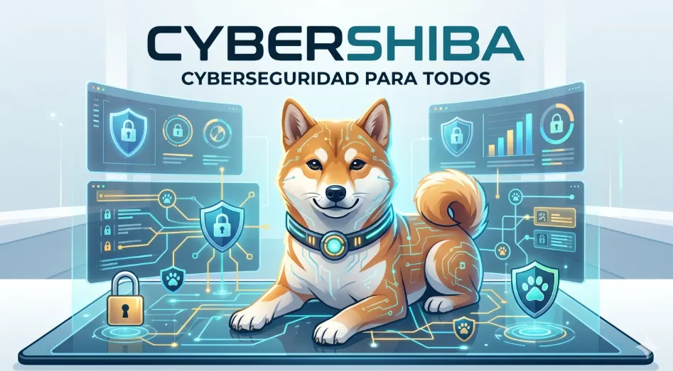Logotipo de CyberShiba con el lema «Ciberseguridad para todos» junto a un Shiba Inu rodeado de paneles de seguridad digital