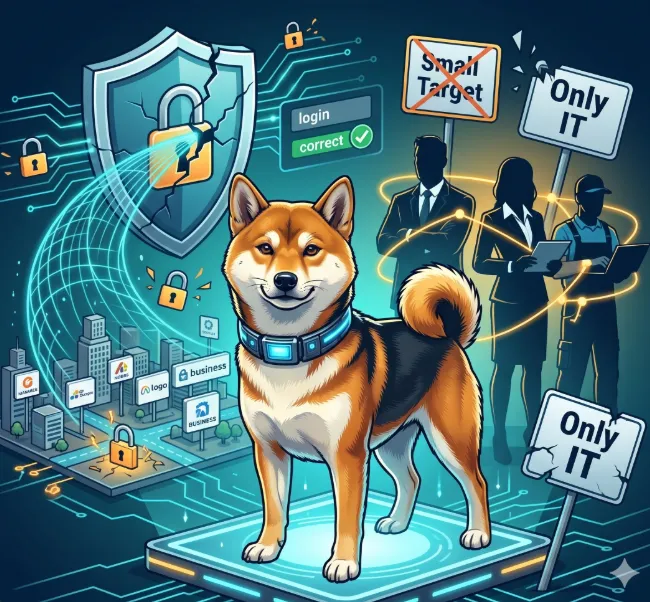Un Shiba Inu junto a un escudo de seguridad agrietado y carteles que desmienten los mitos «objetivo pequeño» y «solo cosa de IT»